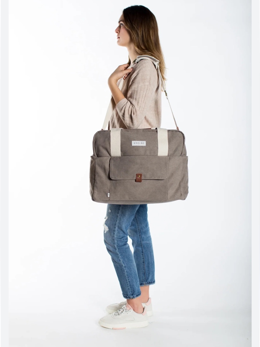 BIRDLING Large Brown The Weekender Canvas Duffle Bag & Crossbody Strap Orig $200